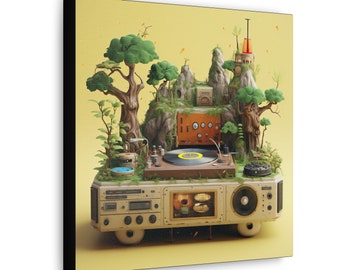 May include: A vintage-style stereo system with a record player, speakers, and a cassette deck. The system is surrounded by miniature trees, rocks, and a small tower, creating a whimsical, miniature landscape.