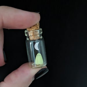 以下が含まれることがあります： コルク栓の付いた小さなガラス瓶の中に、光る緑色の幽霊の置物と白い三日月が入っています。