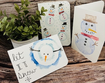 Handgeschilderde sneeuwpop aquarel kerstkaarten, kerstwensen
