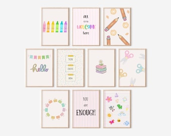 May include: A collection of ten framed art prints with various designs. The prints feature colorful illustrations of crayons, pencils, scissors, books, and inspirational quotes like "All are welcome here" and "You are enough". The frames are a light brown color.