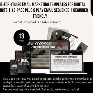 May include: Digital marketing templates bundle with 90 email templates and a 13-page email sequence. The image shows a laptop, tablet, and phone displaying the templates. The text says "Done-For-You" and "Beginner Friendly".