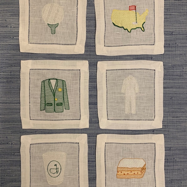 Set of 6 Golf themed embroidered cocktail napkins