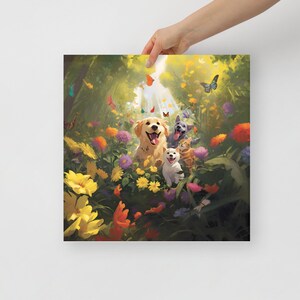 Póster de papel - Juego de mascotas caprichoso en jardín vibrante - Impresión de póster de papel / Ilustración temática de mascotas / Regalo de amantes de los animales / Decoración de pared impresionante