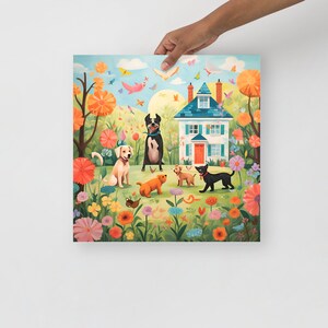 Cartel de papel Playtime Art Vibrant Garden Scene, mascotas juguetonas, decoración del hogar alegre, arte animal, ilustración vibrante. Perfecto para los amantes de las mascotas.