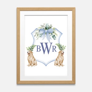 Golden Retriever Monogram Print with Blue Watercolor Crest | Printable DIY Wall Art | Boy Dog Nursery Decor