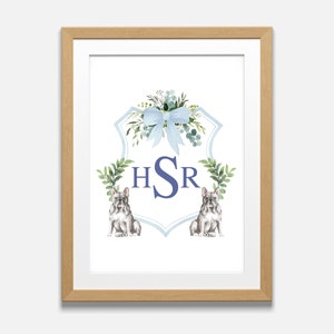 French Bulldog Monogram Print with Blue Watercolor Crest | Printable DIY Wall Art | Boy Dog Nursery Decor