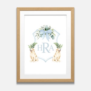 English Golden Retriever Monogram Print with Blue Watercolor Crest | Printable DIY Wall Art | Boy Dog Nursery Decor