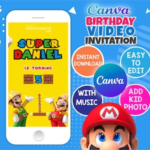 Super Mario Birthday Video Invitation With a song, Digital Video Invitation, Animated Video Invite For Mobile ,Canva Template