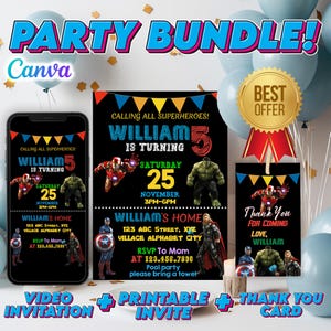 Superheroes Party Bundle, Iron Man, Hulk, Thor, Captain Americ Invitation + Printable Invite + Thank You Tag Editable and Printable Template