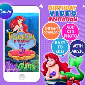 The Little Mermaid Video Invitation For Mobile, Editable and instant downloadable video invitation With a song ,Canva Template