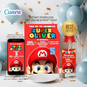 Super Mario Bros Geburtstagseinladung, Mario Party, druckbare Einladung, Telefon einladen, kostenlos Danke-Tag, Sofortiger Download Bearbeitbare Canva
