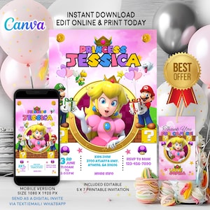 Convite Princesa Peach, Convite Super Mario, Tema Princesa Peach, Convite Rosa, Tag de Agradecimento grátis, Convite por Telefone, Download instantâneo