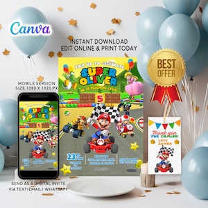 Super Mario Bros Geburtstagseinladung, Mario Party, druckbare Einladung, Telefoneinladung, kostenloses Dankeschön-Tag, sofortiger Download, bearbeitbares Canva