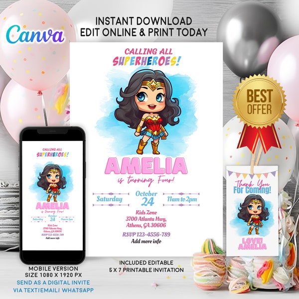 Editable Super Hero Girls Invitation, girl birthday superhero, supergir invite, wonder girl, free Thanks tag, Phone Invite, Instant download