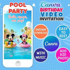 Invitación de video para cumpleaños de Mickey y sus amigos, invitación a la Casa Club de Mickey, invitación de video para fiesta en la piscina de Mickey y Minnie en el parque acuático, descarga instantánea