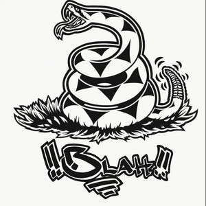 May include: Black and white illustration of a coiled rattlesnake with a stylised design. The snake is in a defensive position with its head raised and fangs bared. The text "!BLAH!" is written below the snake.