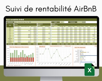 May include: A computer screen displaying a spreadsheet with a green and brown colour scheme. The spreadsheet shows a financial analysis of an Airbnb rental property. The spreadsheet includes a chart showing the monthly revenue and expenses for the property. The spreadsheet also includes a chart showing the monthly profit for the property.