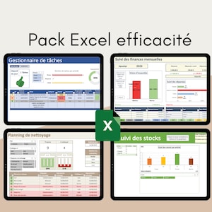Può includere: Quattro tablet digitali che mostrano fogli di calcolo Excel per la gestione delle attività, le finanze mensili, i programmi di pulizia e il monitoraggio delle scorte. L'immagine include il testo "Pack Excel efficacité" e un logo Excel.