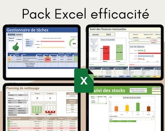 May include: Four digital tablets showing Excel spreadsheets for task management, monthly finances, cleaning schedules, and stock tracking. The image includes the text "Pack Excel efficacité" and an Excel logo.