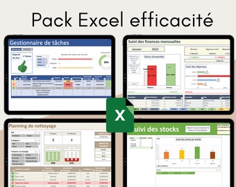 Pack Excel efficacité Gestionnaire de tâches Suivi budget mensuel Planning de nettoyage Suivi des stocks en Français