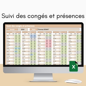 May include: A computer screen displaying a calendar for the year 2024. The calendar is in French and shows the months of January, February, March, April, and May. The calendar is titled "Suivi des congés et présences" which translates to "Tracking of leave and attendance". The name "Thomas DEMAT" is displayed at the top of the calendar.