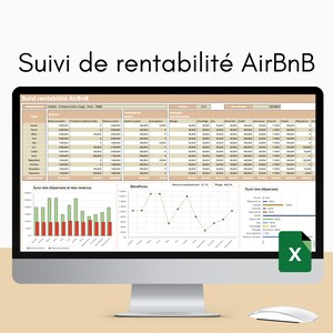 Peut inclure: Un écran d'ordinateur affichant un tableur avec un graphique montrant la rentabilité d'une propriété de location Airbnb. Le tableur comprend des données sur les revenus, les dépenses et les bénéfices pour chaque mois de l'année. Le graphique montre le bénéfice mensuel, qui fluctue tout au long de l'année. Le tableur comprend également une section pour le suivi des dépenses, qui sont ventilées par catégorie. Le tableur est intitulé "Suivi de rentabilité AirBnB", qui signifie "Suivi de la rentabilité Airbnb".