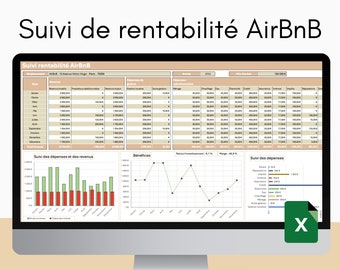 May include: A computer screen displaying a spreadsheet with a graph showing the profitability of an Airbnb rental property. The spreadsheet includes data for revenue, expenses, and profit for each month of the year. The graph shows the monthly profit, which fluctuates throughout the year. The spreadsheet also includes a section for tracking expenses, which are broken down by category. The spreadsheet is titled "Suivi de rentabilité AirBnB", which is French for "Airbnb Profitability Tracking".