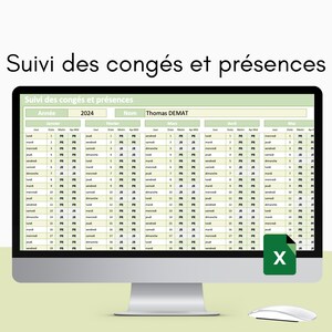 May include: A computer screen displaying a calendar for the year 2024. The calendar is divided into months, with each month showing the days of the week and the date. The calendar is titled "Suivi des congés et présences" and "Thomas DEMAT".