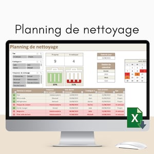 Peut inclure: Un écran d'ordinateur affichant un planning de nettoyage avec une icône de poubelle verte et rouge représentant 69% et 31% des tâches terminées. Le planning comprend une liste des tâches de nettoyage, des personnes affectées et des dates. Un calendrier avec le mois d'août 2023 est également affiché. L'écran est sur un bureau avec une souris blanche.