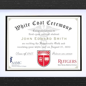 Framed White Coat Ceremony Certificate Personalized For Any Medical School