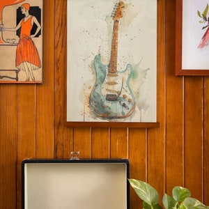 Blue Electric Guitar Watercolor Poster - Vibrant Wall Art for Music Lovers