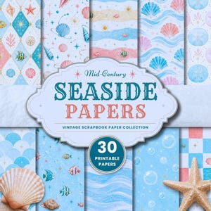 Puede incluir: Una colección de 30 papeles para álbumes de recortes imprimibles con temas costeros con conchas, estrellas de mar, peces y burbujas en azul, rosa y dorado. La etiqueta central dice Mid-Century SEASIDE PAPERS VINTAGE SCRAPBOOK PAPER COLLECTION 30 PRINTABLE PAPERS.