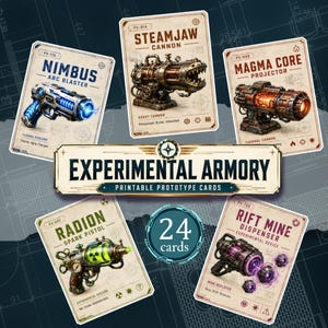 以下が含まれることがあります： 「Experimental Armory」と書かれた、24枚のファンタジーをテーマにしたプロトタイプカードのセット。カードには、「Nimbus Arc Blaster」や「Steamjaw Cannon」などの未来的な武器のイラストが描かれています。ヴィンテージなデザインです。