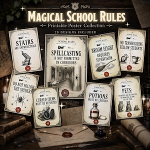 Puede incluir: Un conjunto de carteles imprimibles con el texto "MAGICAL SCHOOL RULES". Cada cartel presenta una regla, como "Stairs are Unpredictable" y "Spellcasting is not permitted in corridors". Los carteles tienen un diseño vintage, similar al pergamino.