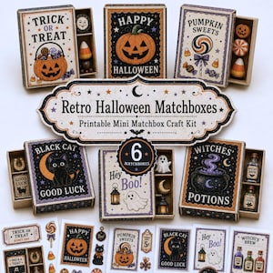 May include: Six rectangular matchboxes with vintage-style Halloween illustrations including pumpkins, ghosts, black cats, and potions. Each box features text like Trick or Treat, Happy Halloween, and Witches' Potions, with small themed items inside.