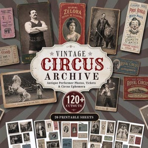 Puede incluir: Una colección de efímeros de circo vintage con más de 120 recortes en 20 hojas imprimibles. El conjunto incluye fotos de artistas antiguos, entradas de circo y carteles con texto como Vintage Circus Archive, Madame Zelora y Prof. Bingo.