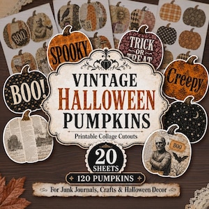 Puede incluir: Una colección de recortes de collage imprimibles con 120 calabazas de Halloween de estilo vintage en 20 hojas. La etiqueta central dice VINTAGE HALLOWEEN PUMPKINS, con recortes de calabazas individuales que muestran textos como SPOOKY, BOO, CREEPY y TRICK OR TREAT.