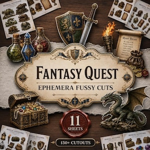 Op de afbeelding: Een collectie Fantasy Quest Ephemera Fussy Cuts met 11 vellen en meer dan 130 uitgesneden figuren. De set bevat afbeeldingen van een schatkist, een groene draak, een schild, een zwaard, toverdrankflesjes en een perkamentrol met Quest Decree.