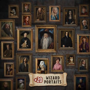 Puede incluir: Una colección de retratos de magos enmarcados, con varios personajes en marcos dorados ornamentados. Los retratos están dispuestos sobre una pared oscura y texturizada. Una pancarta en la parte inferior dice "+20 Wizard Portraits".