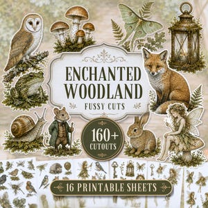 Puede incluir: Una colección de recortes Enchanted Woodland con un búho, setas, una polilla, un farol, un zorro, un caracol, un ratón con abrigo, un conejo y un hada. El set incluye más de 160 recortes en 16 hojas imprimibles con texto decorativo.