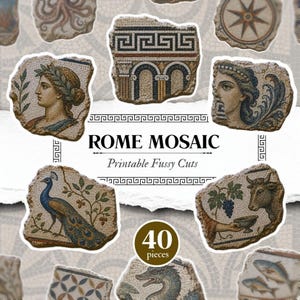 Può includere: Una collezione di 40 ritagli stampabili Rome Mosaic con vari disegni antichi, tra cui un pavone, un toro, profili umani e motivi architettonici. Il testo ROME MOSAIC Printable Fussy Cuts e 40 pieces è visibile.