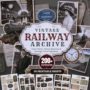 Puede incluir: Una colección de efímeros de papel con temática ferroviaria antigua que incluye imágenes de trenes, fotografías históricas, relojes de bolsillo y billetes. La etiqueta central dice Vintage Railway Archive, 200+ Cutouts, 20 Printable Sheets.
