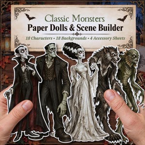 Peut inclure: Set de poupées en papier et constructeur de scènes Classic Monsters comprenant 18 personnages, 18 arrière-plans et 4 feuilles d'accessoires. La collection inclut des découpages en papier illustrés d'un vampire, d'un monstre, d'une mariée, d'un loup-garou et d'une créature des marais.