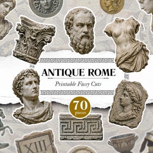 May include: A collection of antique Roman-themed printable fussy cuts. The image features various classical sculptures, busts, architectural elements, and coins. The text "ANTIQUE ROME" and "70 pieces" are also visible.
