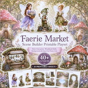 Puede incluir: Un set de juego imprimible Faerie Market que incluye personajes de hadas, puestos de bosque y casas de setas. El conjunto contiene más de 40 recortes en 16 hojas imprimibles, con ilustraciones de hadas, un puesto de mercado y fondos forestales.