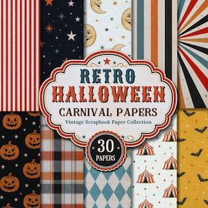 Puede incluir: Una colección de 30 papeles digitales para álbumes de recortes con temas retro de Halloween y carnaval. Los patrones incluyen calabazas, estrellas, lunas, rayas, cuadros, rombos, murciélagos y carpas de circo en tonos naranja, negro, crema y azul.
