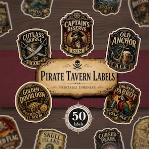 Set of 50 Pirate Tavern Labels: Printable Pirate Ephemera, Junk Journal & Nautical Scrapbook Bottle Decor (Digital Download)