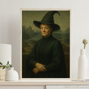 May include: A framed portrait of a woman wearing a black witch hat and dark green robes. The artwork has a vintage aesthetic, with a landscape background and a neutral-toned frame. The image is reminiscent of a classic painting.