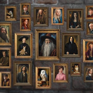 Set di 20 ritratti di maghi e streghe, arte murale della scuola di magia, galleria stampabile, decorazioni di Harry, stampe fai da te con cornice dorata, poster di Dark Academia