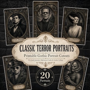 Puede incluir: Una colección de retratos imprimibles con personajes de terror clásicos como el Conde Drácula, el monstruo de Frankenstein, la novia de Frankenstein, el hombre invisible y la criatura, con el texto Classic Terror Portraits.